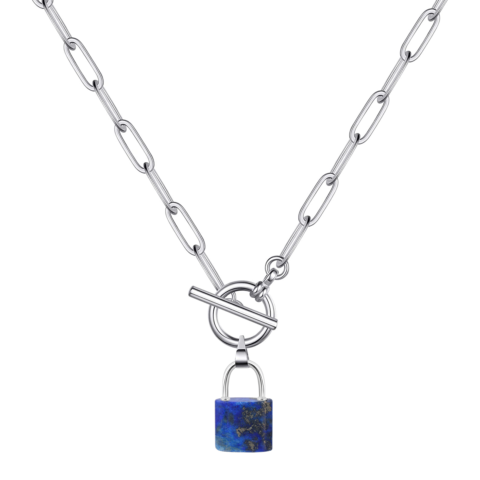 Natural Gemstone Lock Pendant Necklace with IQ Clalsp Chunky Punk Chain Choker Cuban Link  Statement Jewelry for Women and Girls