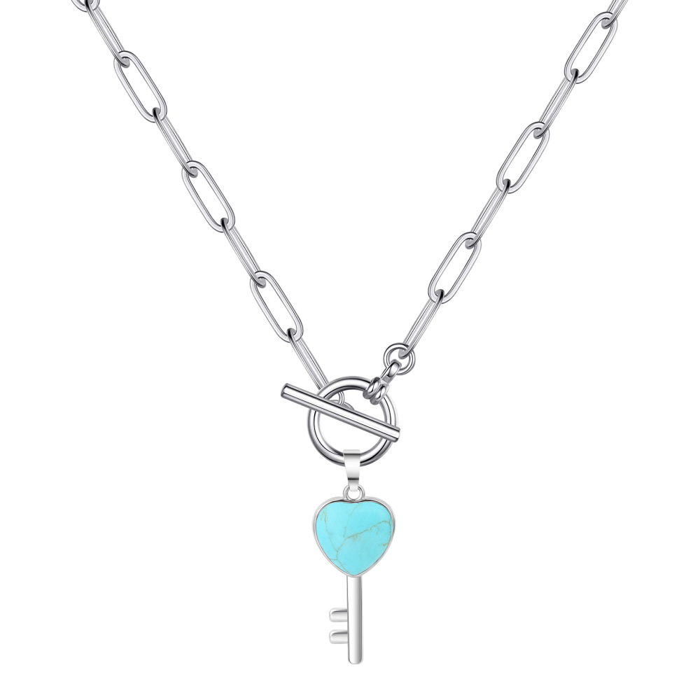 Gemstone Key Pendant Necklace with IQ Clasp Chunky Punk Chain Choker Cuban Link  Statement Jewelry for Women and Girls