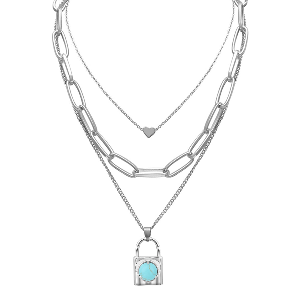 Layered Lock Pendant Necklace Chunky Punk Chain Choker Cuban Link  Statement Jewelry for Women and Girls