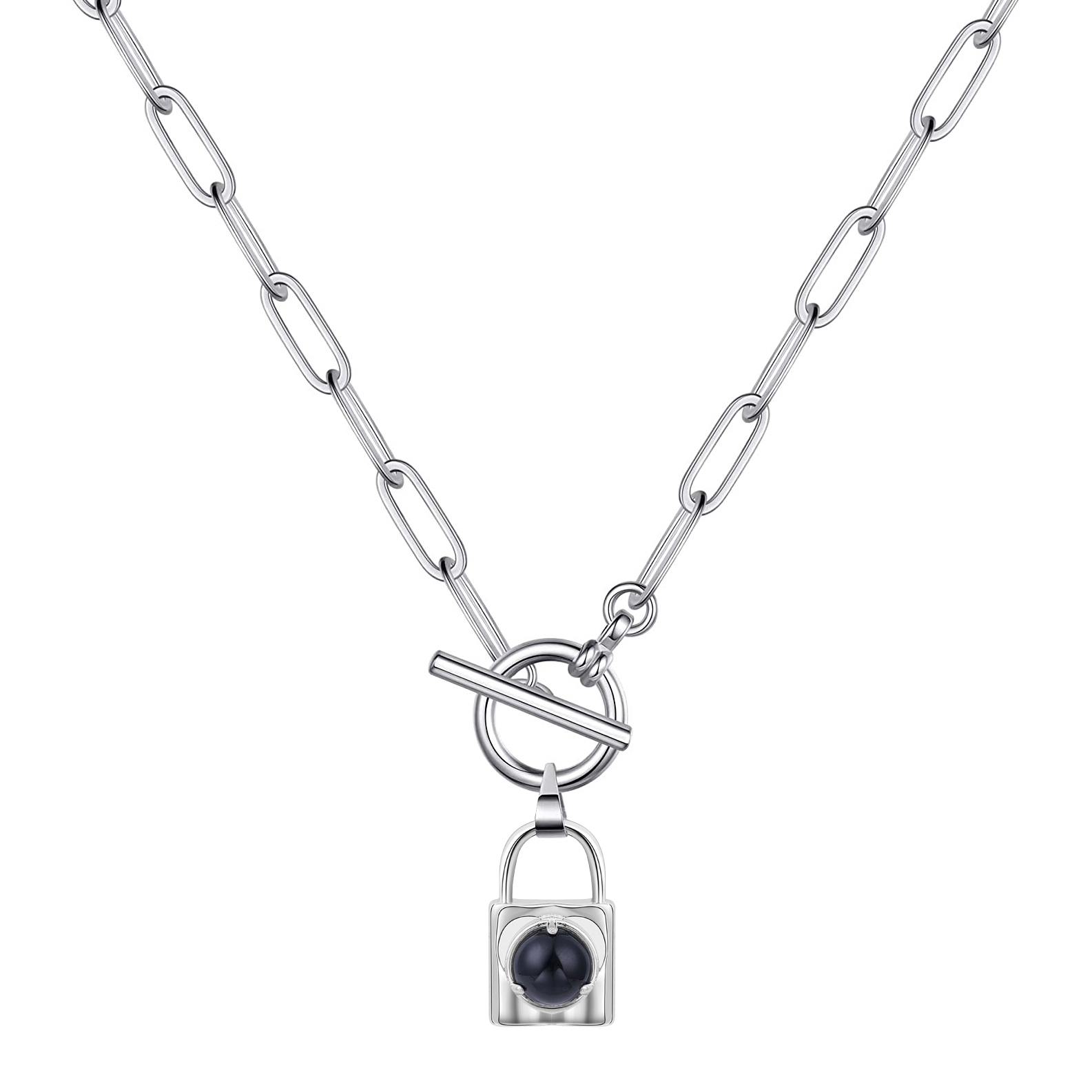 Natural Gemstone Silver Alloy Lock Pendant Necklace with IQ Clasp Chunky Punk Chain Choker Cuban Link  Statement Jewelry for Women and Girls