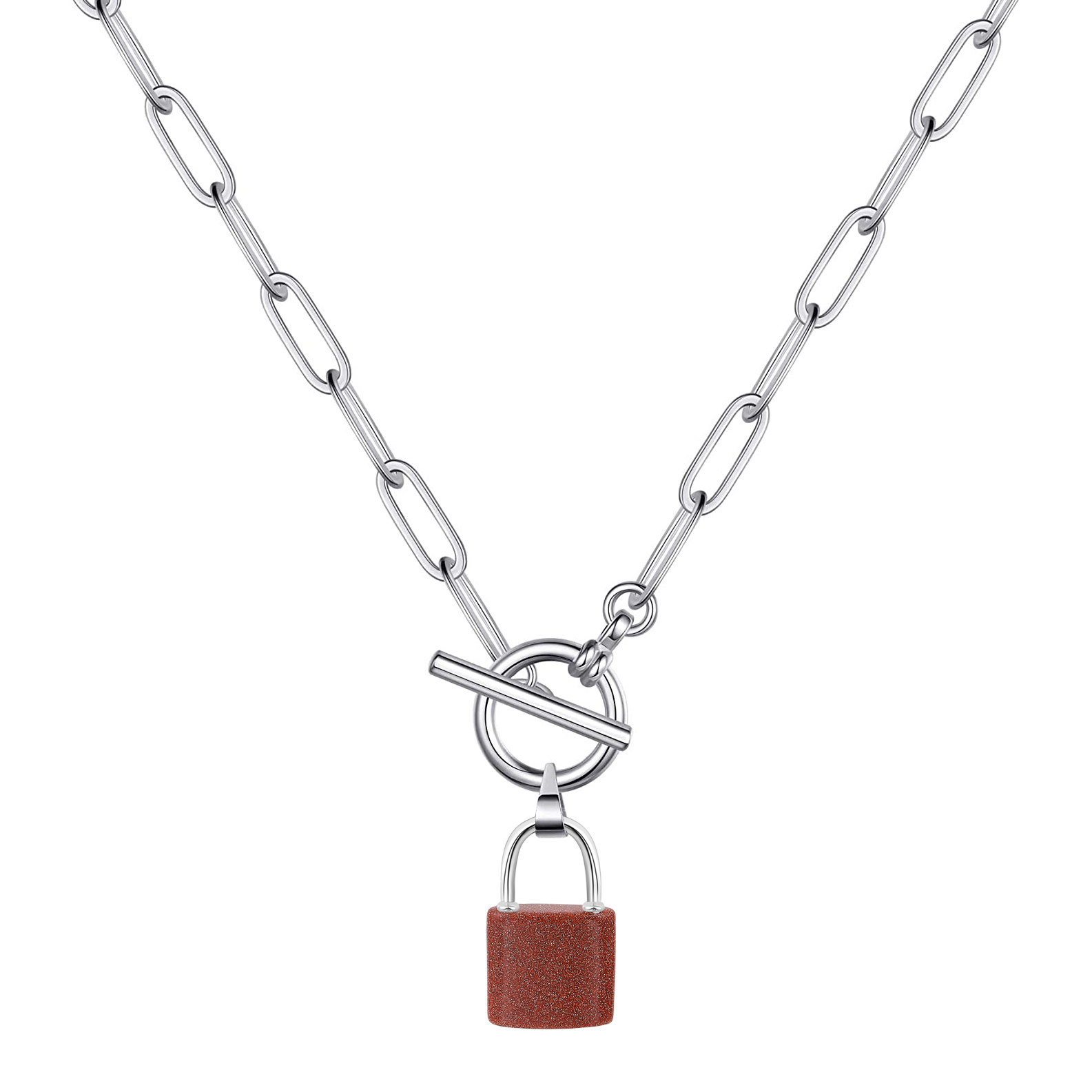 Natural Gemstone Lock Pendant Necklace with IQ Clalsp Chunky Punk Chain Choker Cuban Link  Statement Jewelry for Women and Girls