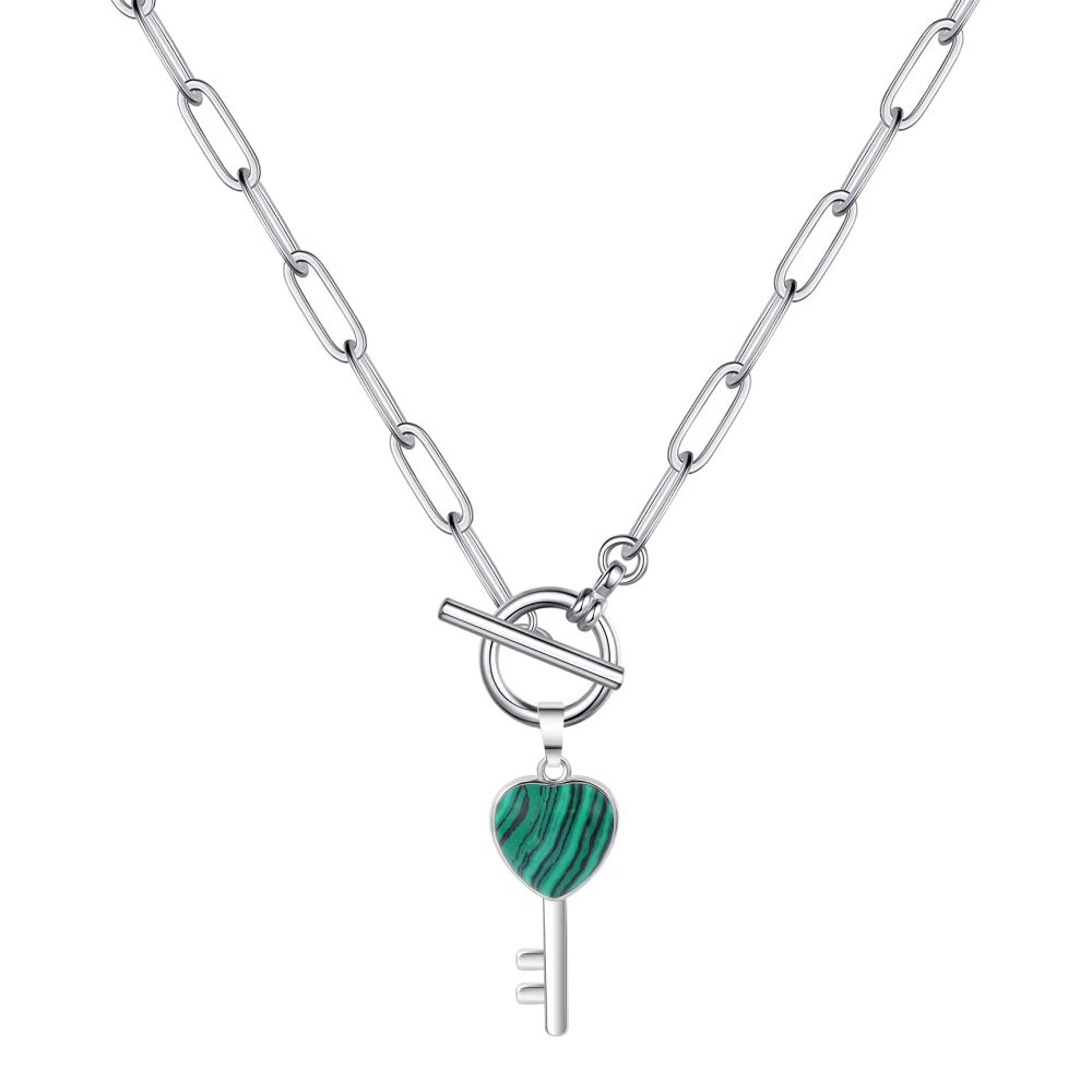 Gemstone Key Pendant Necklace with IQ Clasp Chunky Punk Chain Choker Cuban Link  Statement Jewelry for Women and Girls