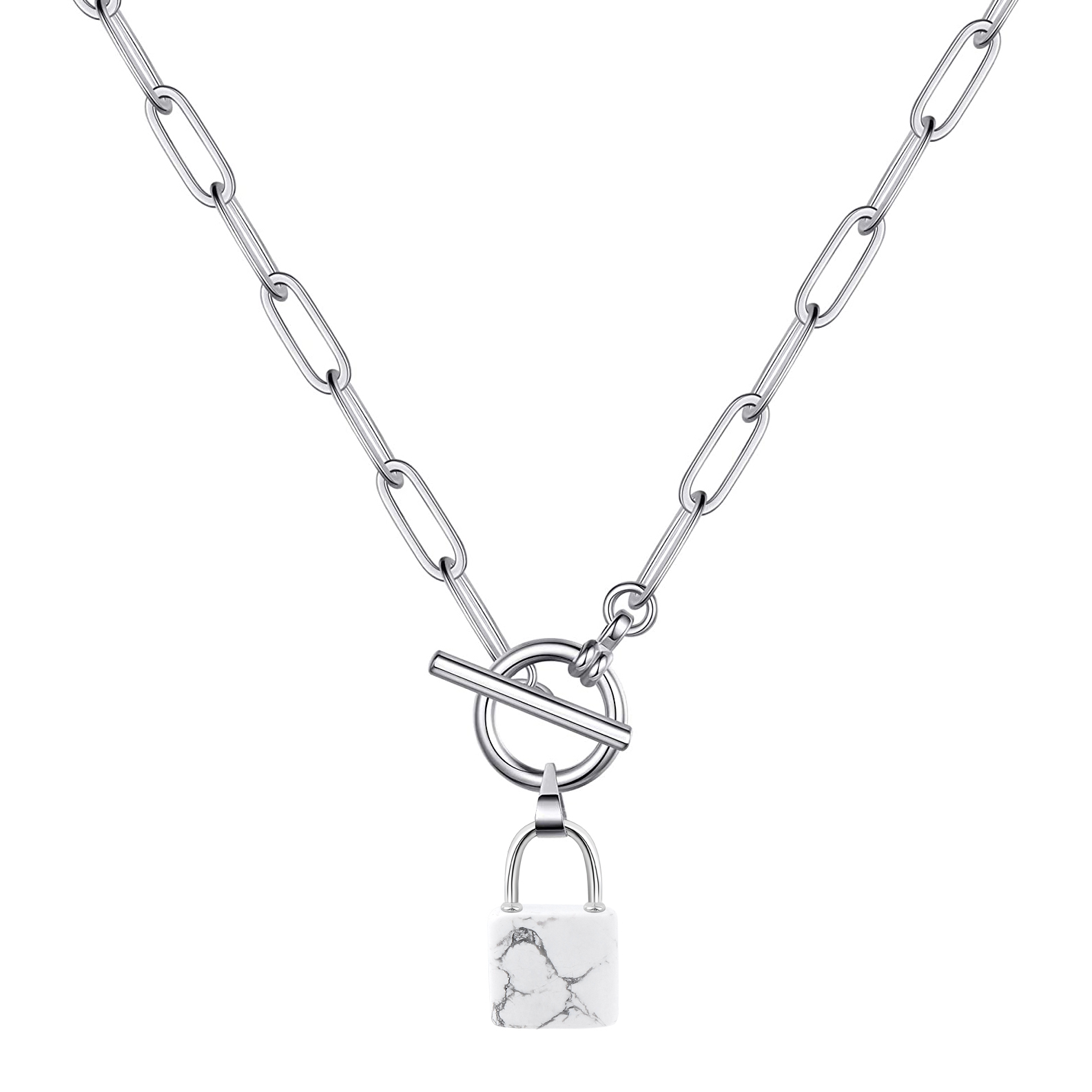 Natural Gemstone Lock Pendant Necklace with IQ Clalsp Chunky Punk Chain Choker Cuban Link  Statement Jewelry for Women and Girls