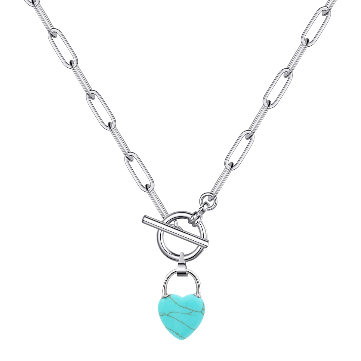 Natural Gemstone Love Heart Lock Pendant Necklace with IQ Clasp Chunky Punk Chain Choker Cuban Link  Statement Jewelry for Women and Girls