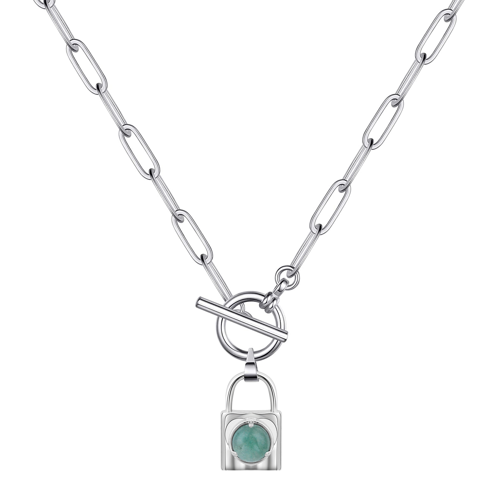 Natural Gemstone Silver Alloy Lock Pendant Necklace with IQ Clasp Chunky Punk Chain Choker Cuban Link  Statement Jewelry for Women and Girls