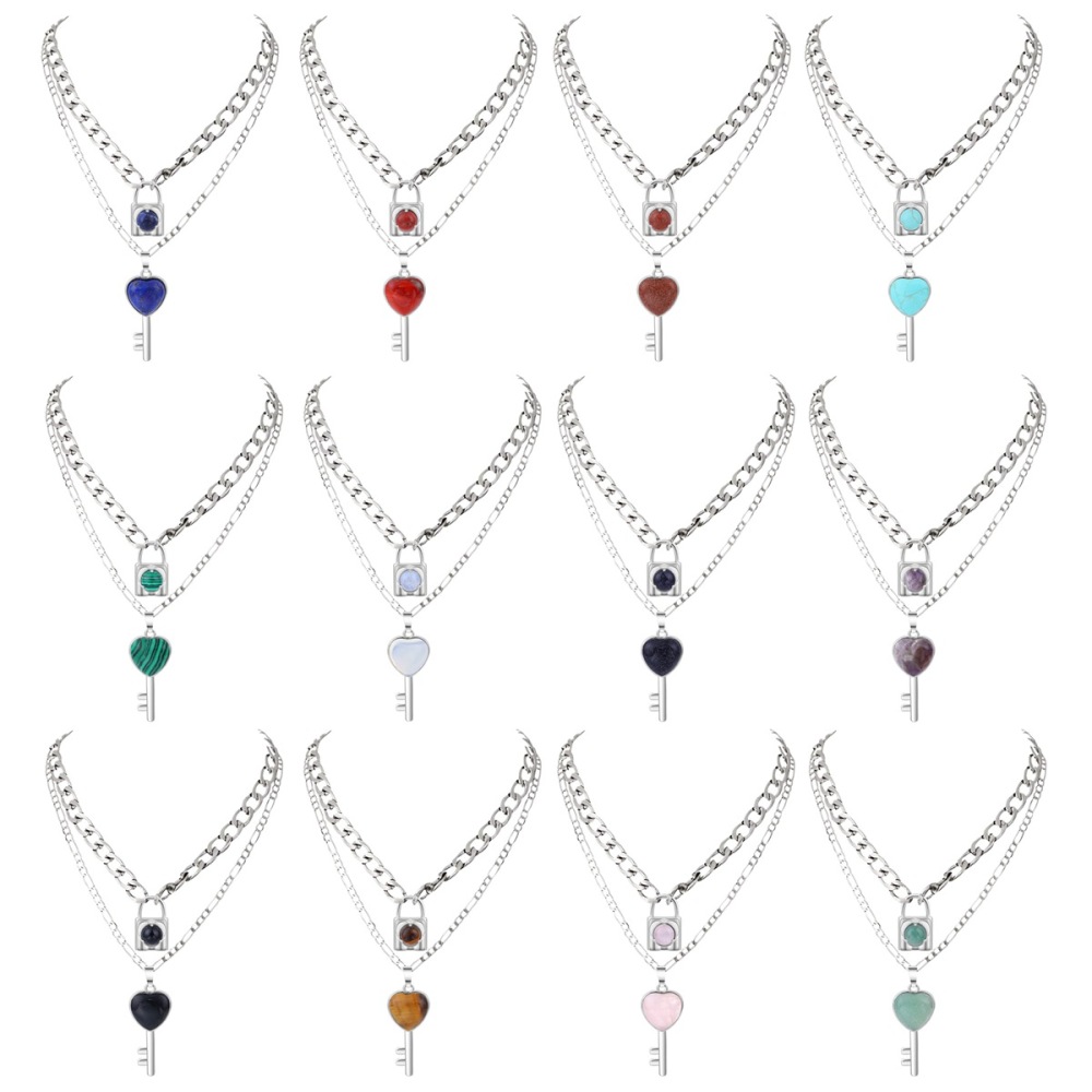 Layered Key Lock Pendant Necklace Chunky Punk Silver Chain Choker Cuban Link  Statement Jewelry for Women and Girls