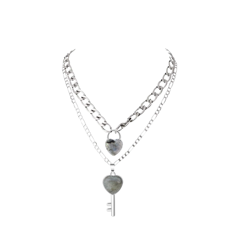 Layered Key Lock Pendant Necklace Chunky Punk Silver Chain Choker Cuban Link  Statement Jewelry for Women and Girls