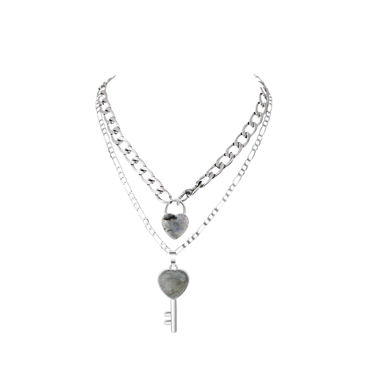 Layered Key Lock Pendant Necklace Chunky Punk Silver Chain Choker Cuban Link  Statement Jewelry for Women and Girls