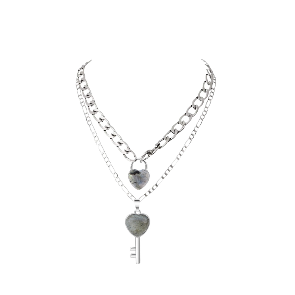 Layered Key Lock Pendant Necklace Chunky Punk Silver Chain Choker Cuban Link  Statement Jewelry for Women and Girls