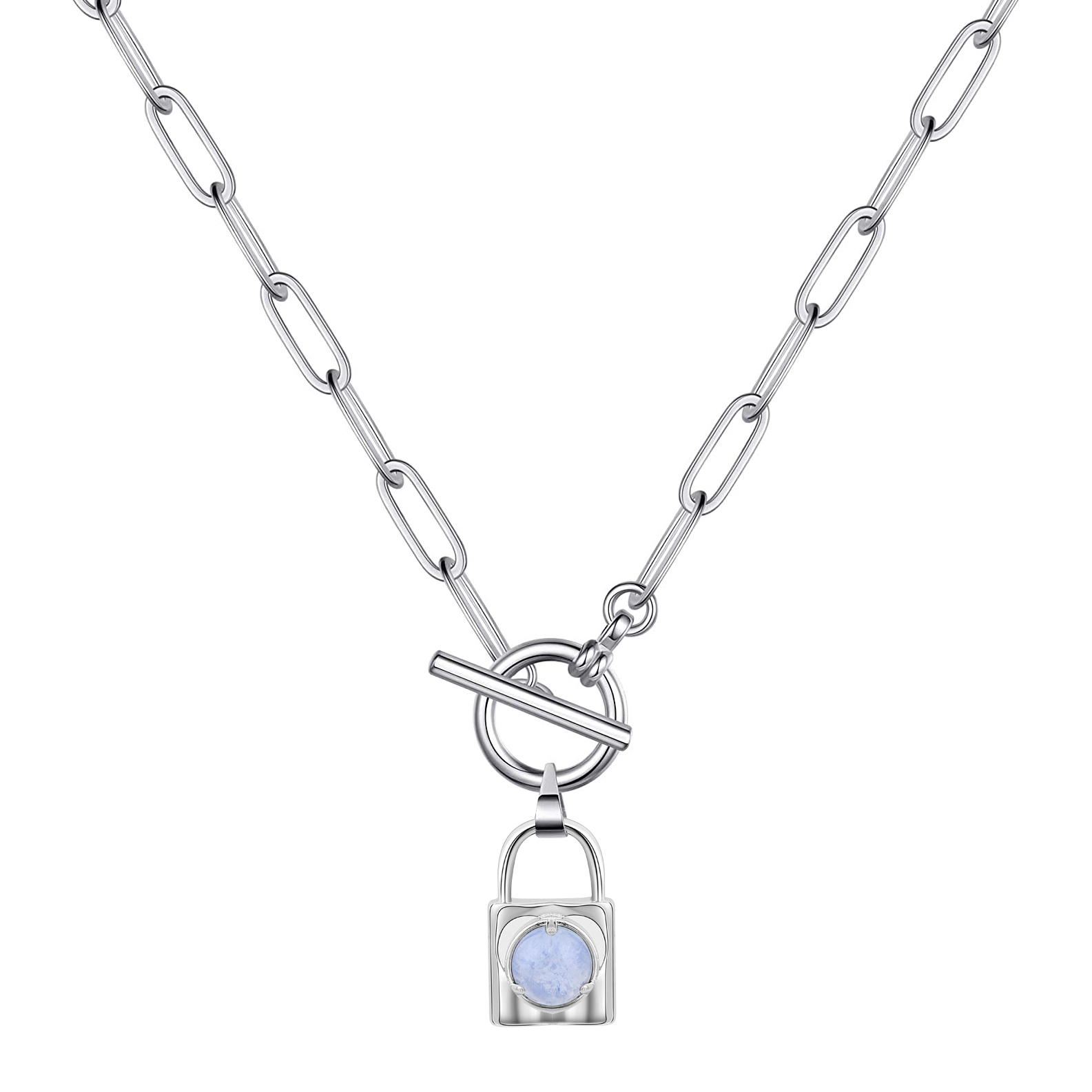 Natural Gemstone Silver Alloy Lock Pendant Necklace with IQ Clasp Chunky Punk Chain Choker Cuban Link  Statement Jewelry for Women and Girls