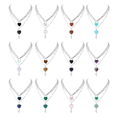 Layered Key Lock Pendant Necklace Chunky Punk Silver Chain Choker Cuban Link  Statement Jewelry for Women and Girls