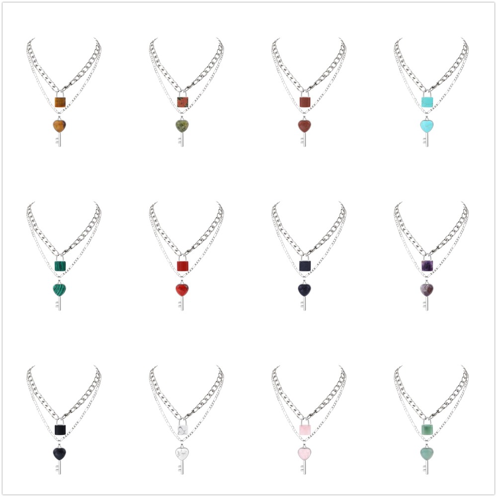 Layered Key Lock Pendant Necklace Chunky Punk Silver Chain Choker Cuban Link  Statement Jewelry for Women and Girls