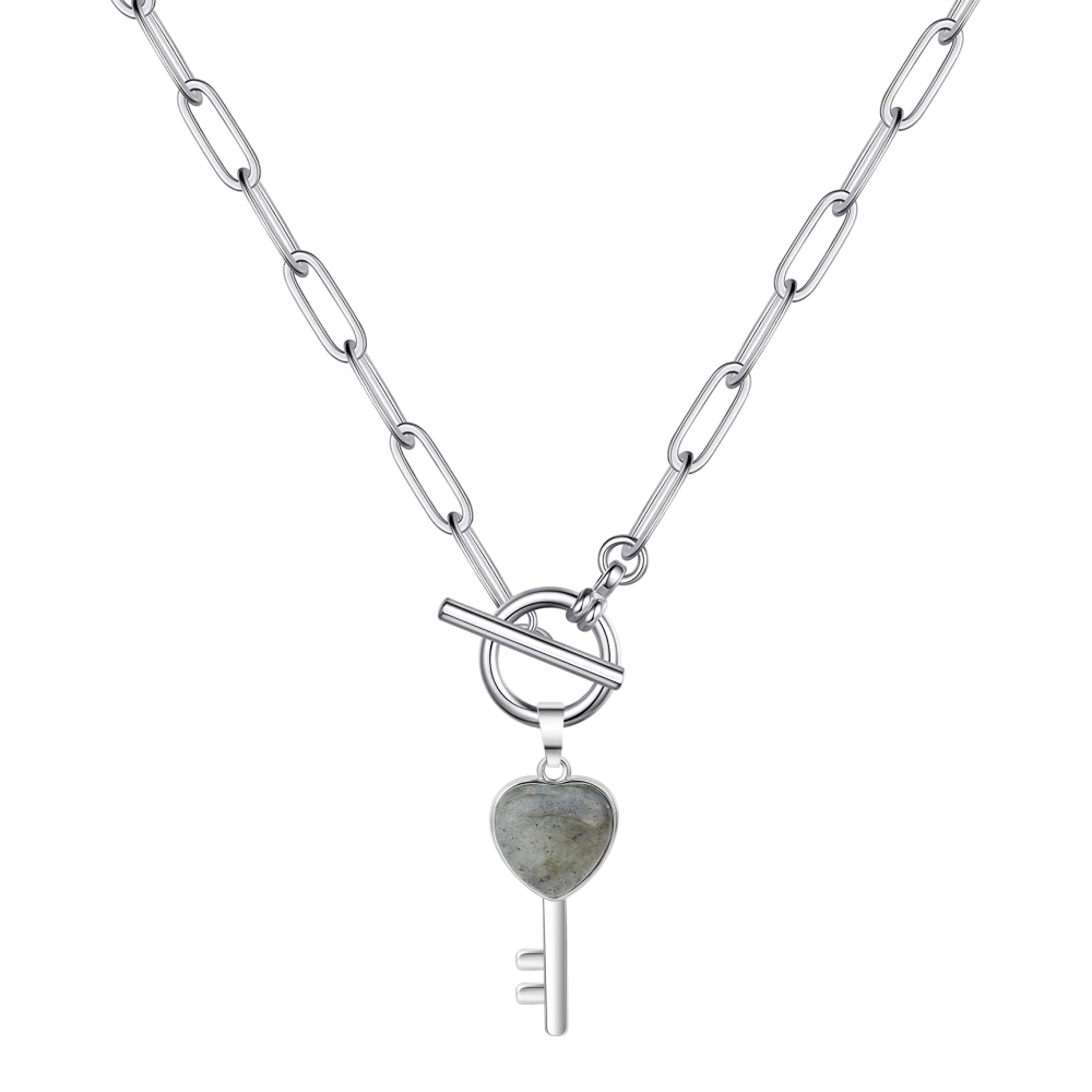 Gemstone Key Pendant Necklace with IQ Clasp Chunky Punk Chain Choker Cuban Link  Statement Jewelry for Women and Girls