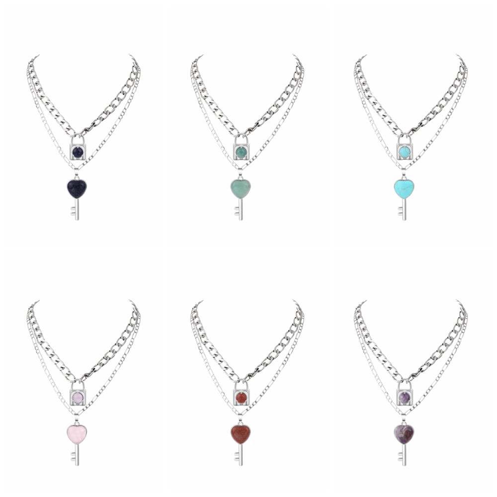 Layered Key Lock Pendant Necklace Chunky Punk Silver Chain Choker Cuban Link  Statement Jewelry for Women and Girls