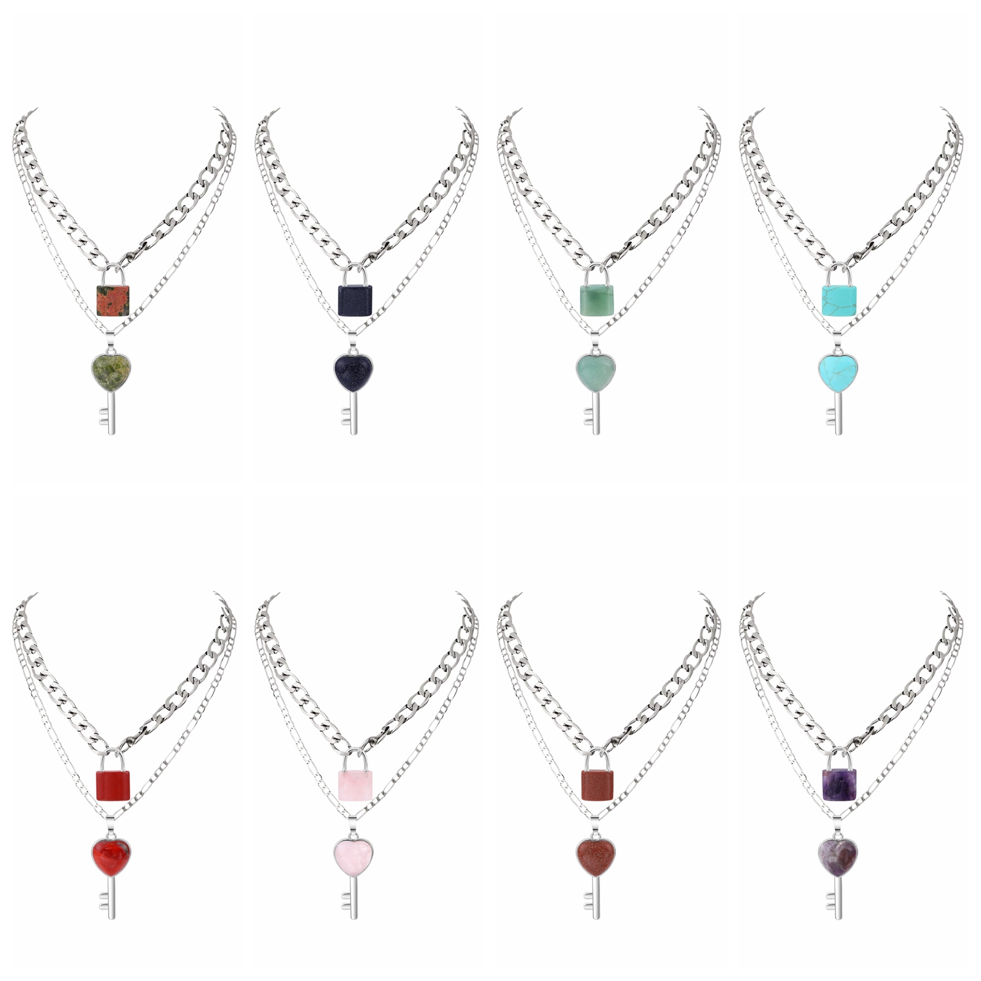 Layered Key Lock Pendant Necklace Chunky Punk Silver Chain Choker Cuban Link  Statement Jewelry for Women and Girls