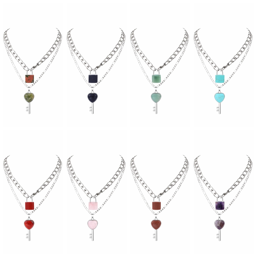 Layered Key Lock Pendant Necklace Chunky Punk Silver Chain Choker Cuban Link  Statement Jewelry for Women and Girls
