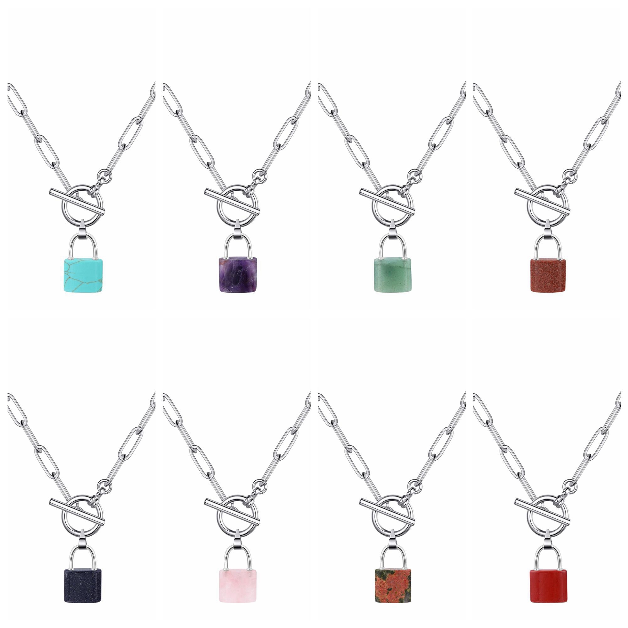 Natural Gemstone Lock Pendant Necklace with IQ Clalsp Chunky Punk Chain Choker Cuban Link  Statement Jewelry for Women and Girls