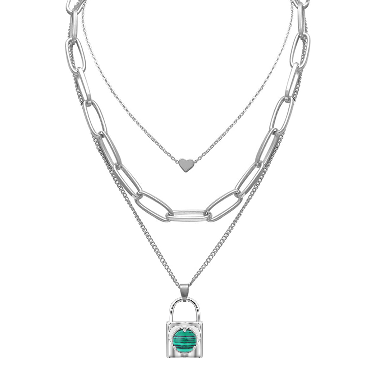 Layered Lock Pendant Necklace Chunky Punk Chain Choker Cuban Link  Statement Jewelry for Women and Girls