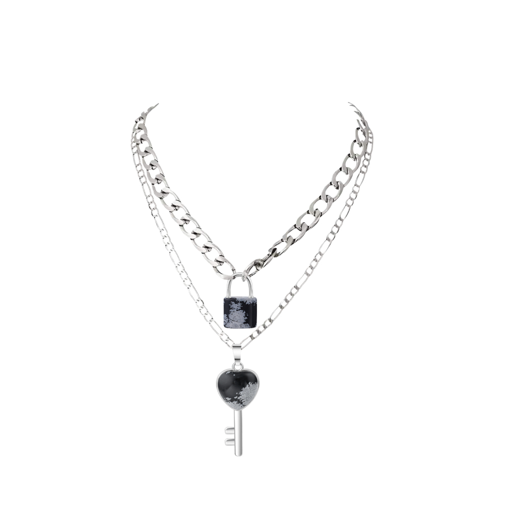 Layered Key Lock Pendant Necklace Chunky Punk Silver Chain Choker Cuban Link  Statement Jewelry for Women and Girls