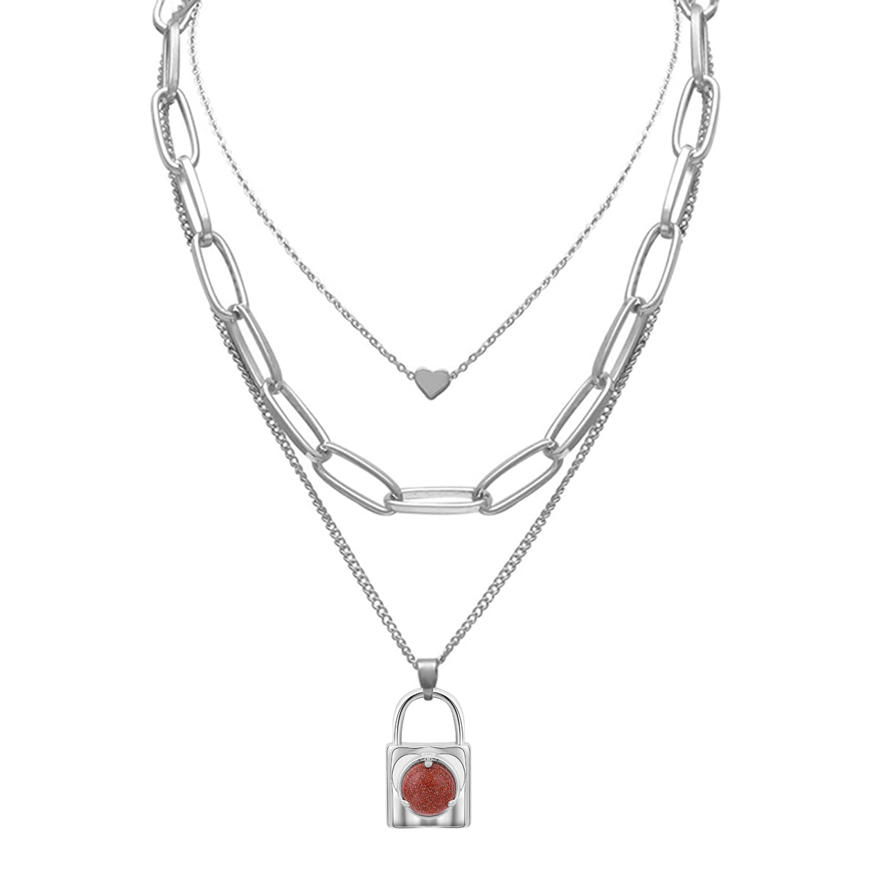Layered Lock Pendant Necklace Chunky Punk Chain Choker Cuban Link  Statement Jewelry for Women and Girls