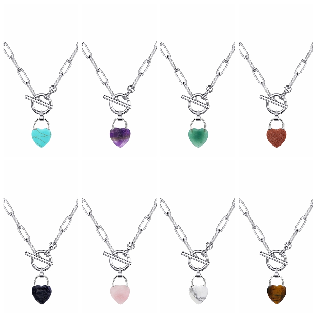 Natural Gemstone Love Heart Lock Pendant Necklace with IQ Clasp Chunky Punk Chain Choker Cuban Link  Statement Jewelry for Women and Girls