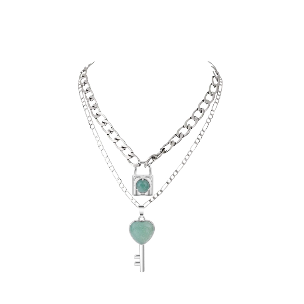 Layered Key Lock Pendant Necklace Chunky Punk Silver Chain Choker Cuban Link  Statement Jewelry for Women and Girls