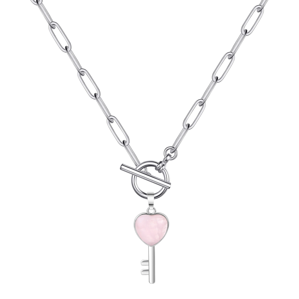 Gemstone Key Pendant Necklace with IQ Clasp Chunky Punk Chain Choker Cuban Link  Statement Jewelry for Women and Girls