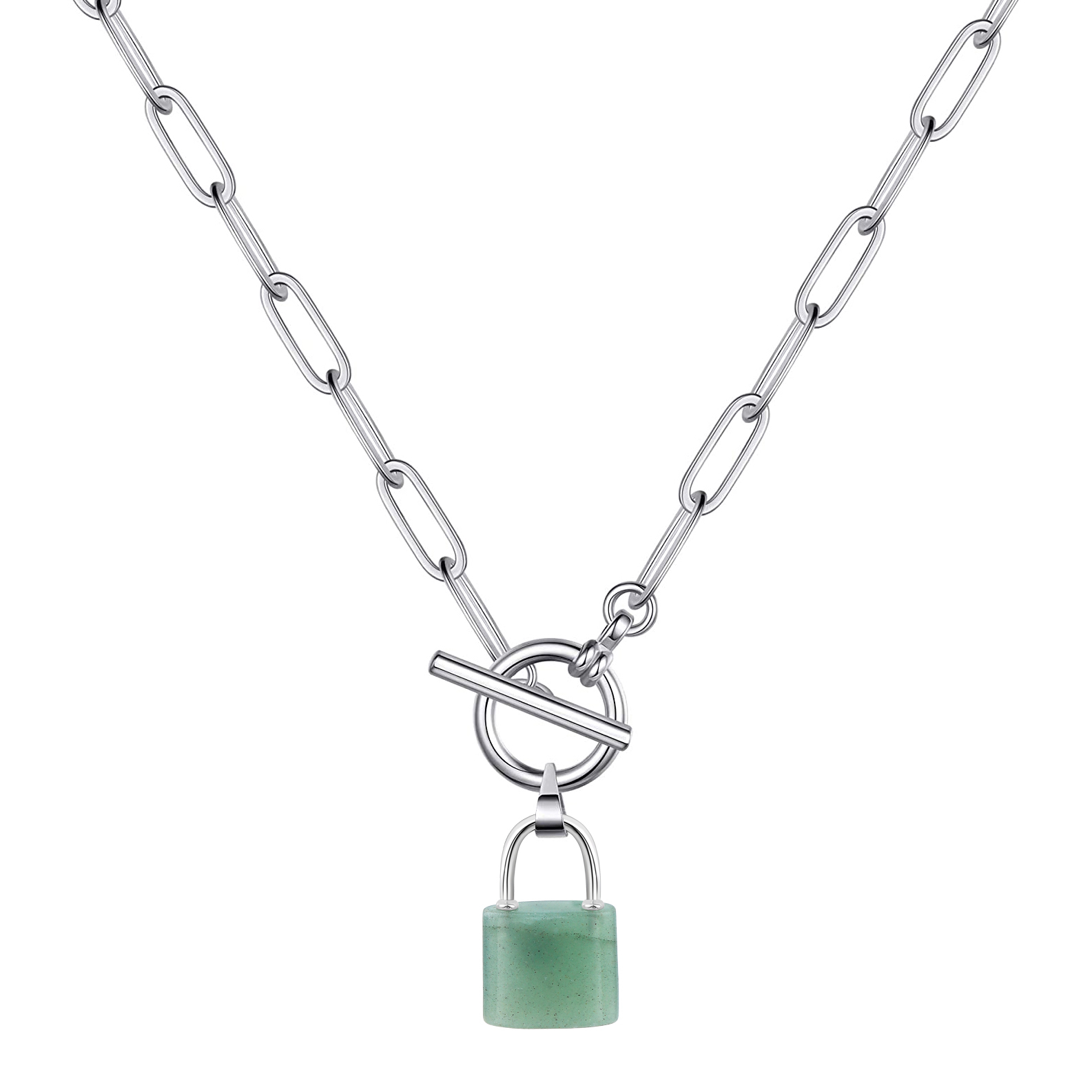 Natural Gemstone Lock Pendant Necklace with IQ Clalsp Chunky Punk Chain Choker Cuban Link  Statement Jewelry for Women and Girls