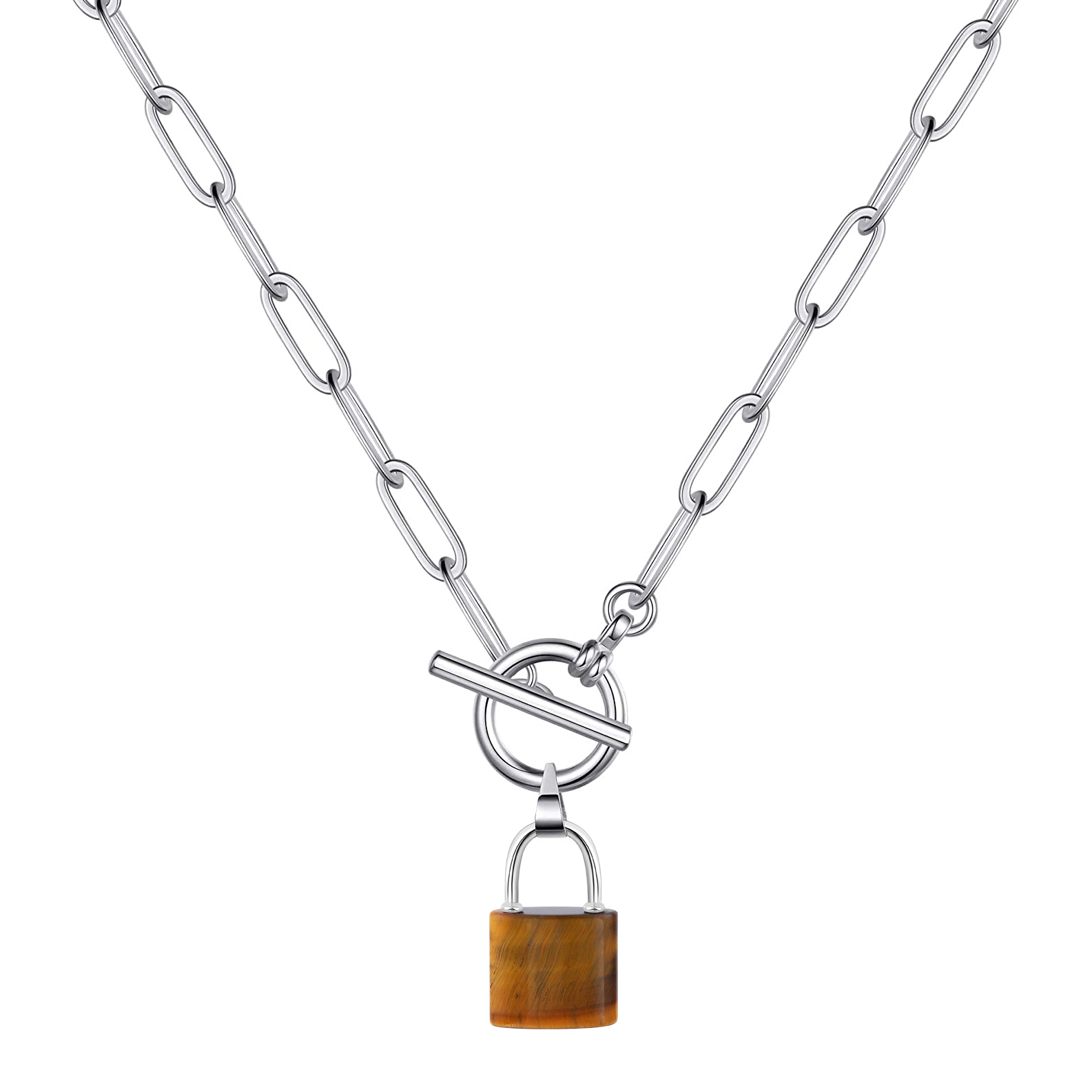 Natural Gemstone Lock Pendant Necklace with IQ Clalsp Chunky Punk Chain Choker Cuban Link  Statement Jewelry for Women and Girls