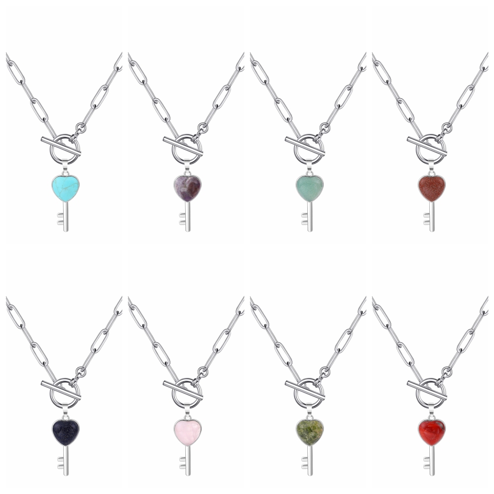 Gemstone Key Pendant Necklace with IQ Clasp Chunky Punk Chain Choker Cuban Link  Statement Jewelry for Women and Girls