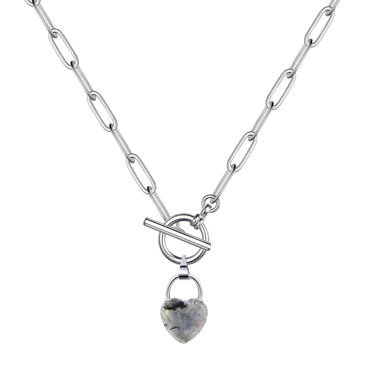 Natural Gemstone Love Heart Lock Pendant Necklace with IQ Clasp Chunky Punk Chain Choker Cuban Link  Statement Jewelry for Women and Girls