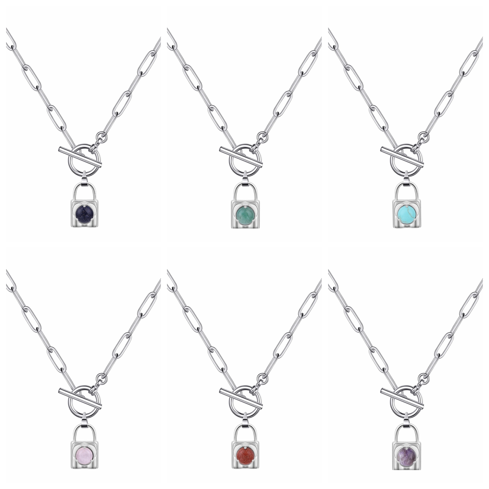 Natural Gemstone Silver Alloy Lock Pendant Necklace with IQ Clasp Chunky Punk Chain Choker Cuban Link  Statement Jewelry for Women and Girls