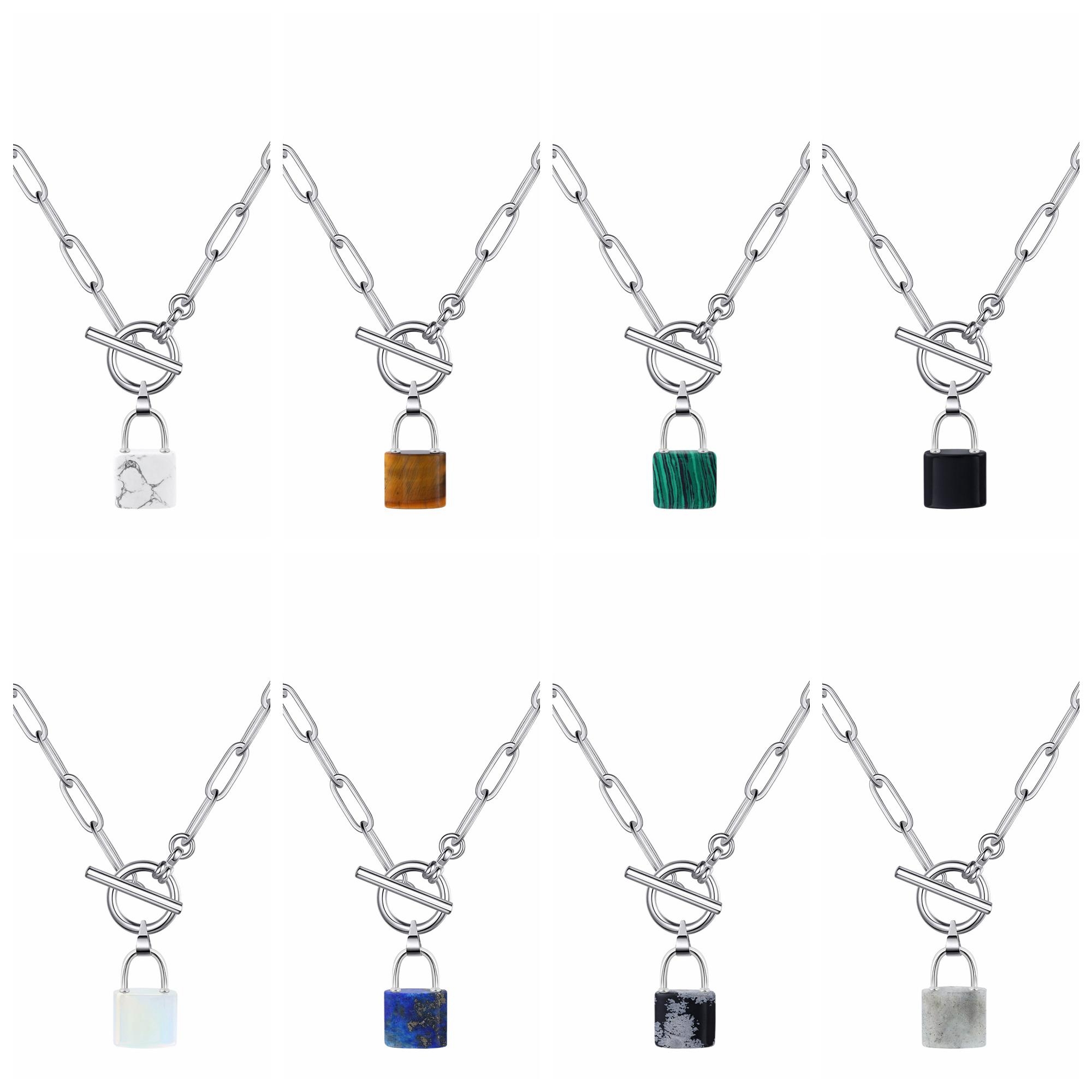 Natural Gemstone Lock Pendant Necklace with IQ Clalsp Chunky Punk Chain Choker Cuban Link  Statement Jewelry for Women and Girls