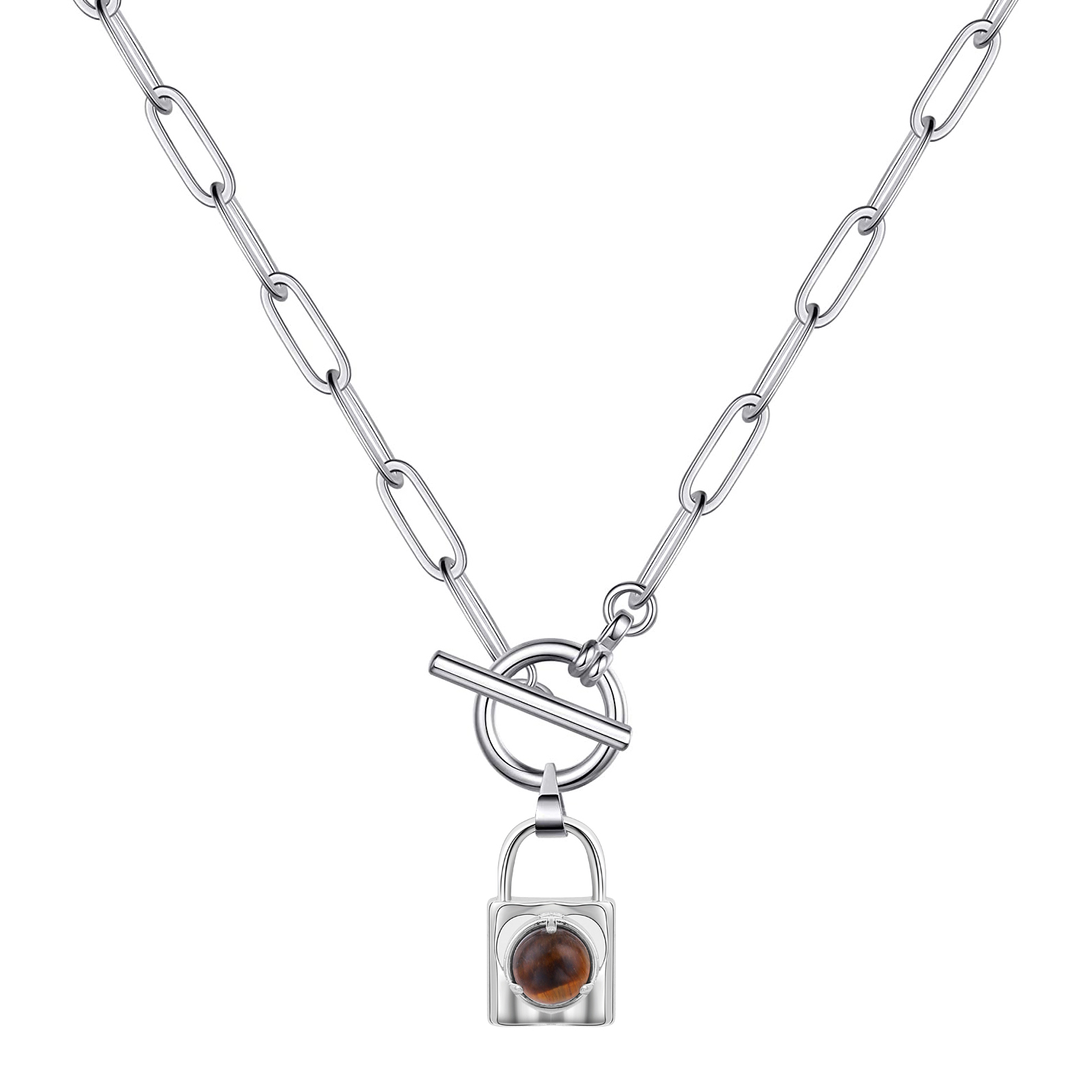 Natural Gemstone Silver Alloy Lock Pendant Necklace with IQ Clasp Chunky Punk Chain Choker Cuban Link  Statement Jewelry for Women and Girls