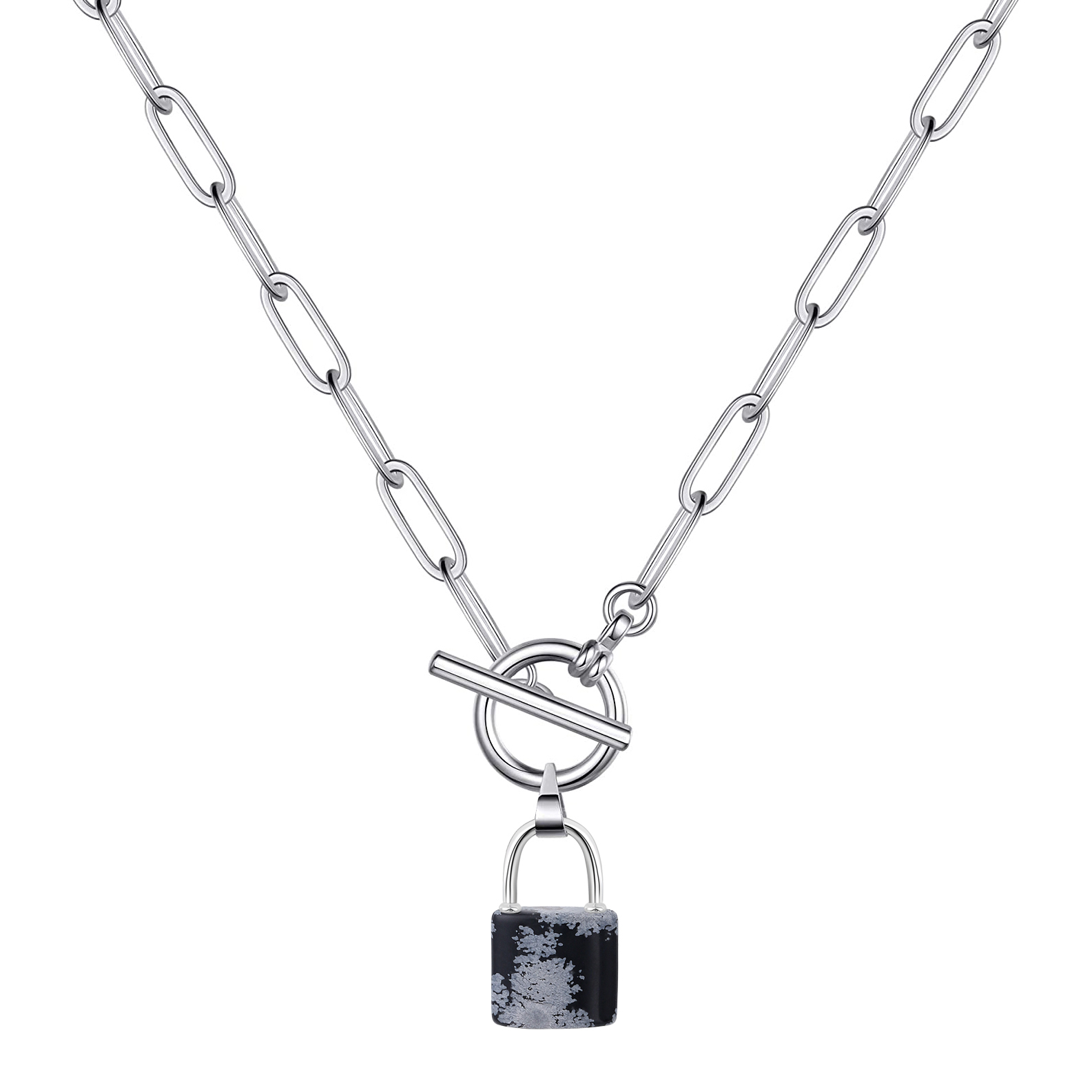 Natural Gemstone Lock Pendant Necklace with IQ Clalsp Chunky Punk Chain Choker Cuban Link  Statement Jewelry for Women and Girls