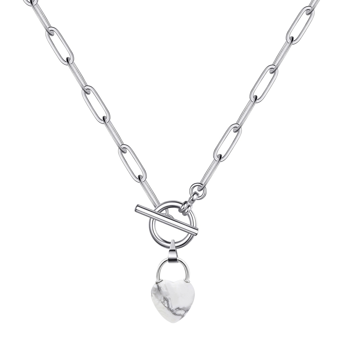 Natural Gemstone Love Heart Lock Pendant Necklace with IQ Clasp Chunky Punk Chain Choker Cuban Link  Statement Jewelry for Women and Girls