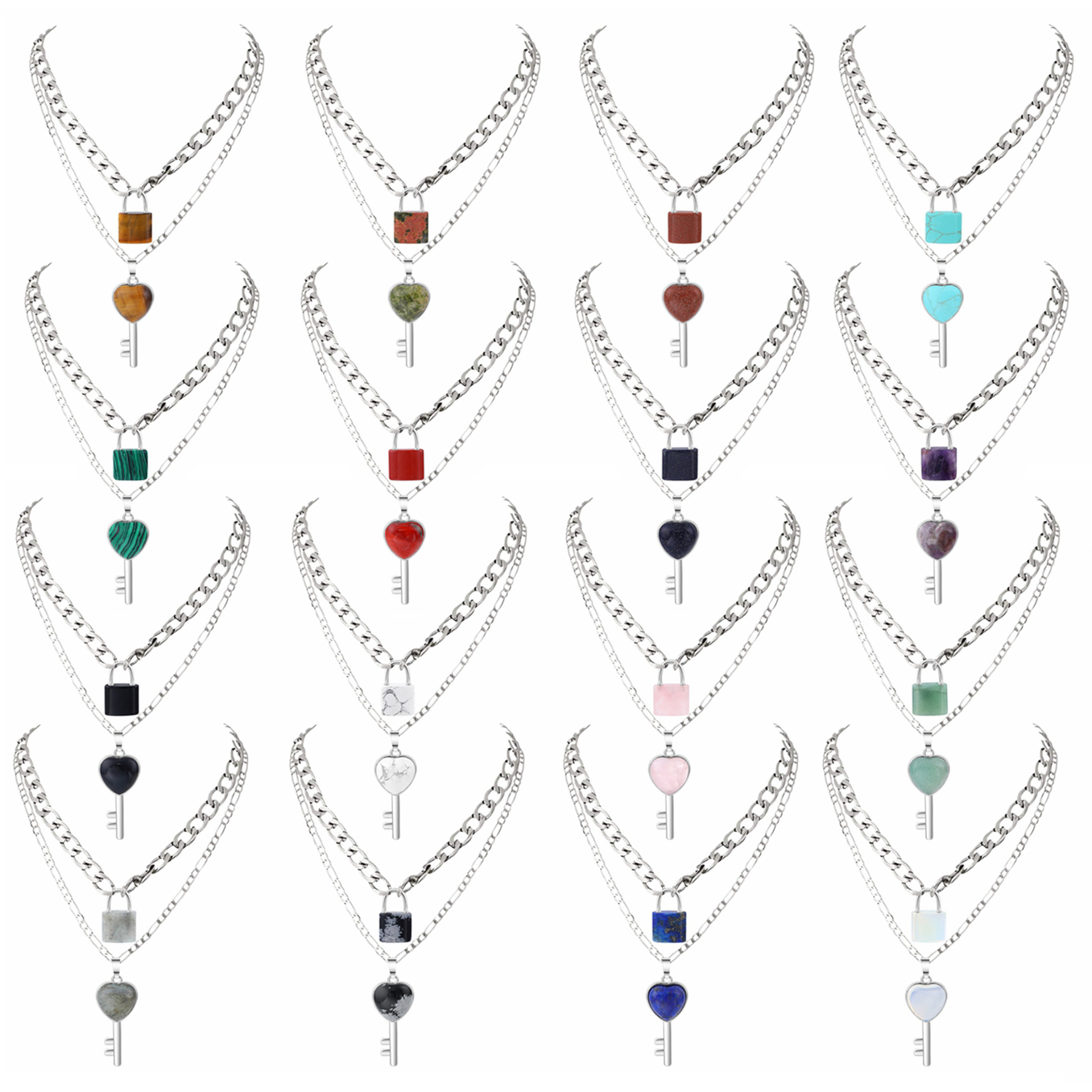 Layered Key Lock Pendant Necklace Chunky Punk Silver Chain Choker Cuban Link  Statement Jewelry for Women and Girls