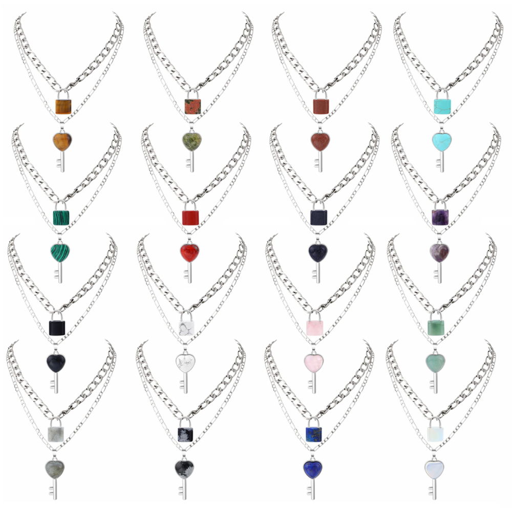 Layered Key Lock Pendant Necklace Chunky Punk Silver Chain Choker Cuban Link  Statement Jewelry for Women and Girls