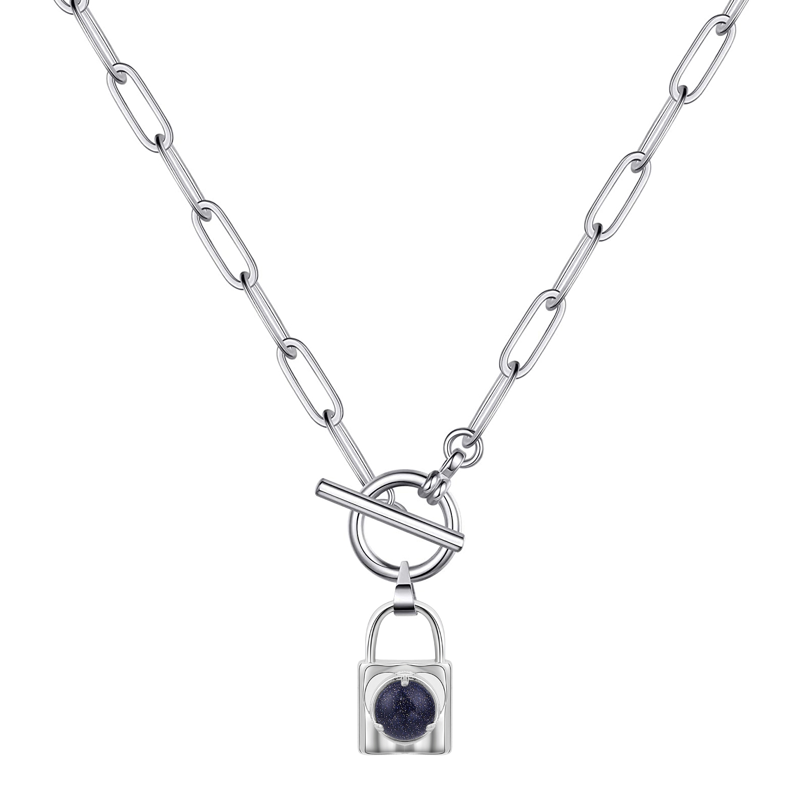 Natural Gemstone Silver Alloy Lock Pendant Necklace with IQ Clasp Chunky Punk Chain Choker Cuban Link  Statement Jewelry for Women and Girls
