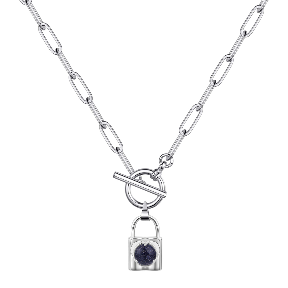 Natural Gemstone Silver Alloy Lock Pendant Necklace with IQ Clasp Chunky Punk Chain Choker Cuban Link  Statement Jewelry for Women and Girls
