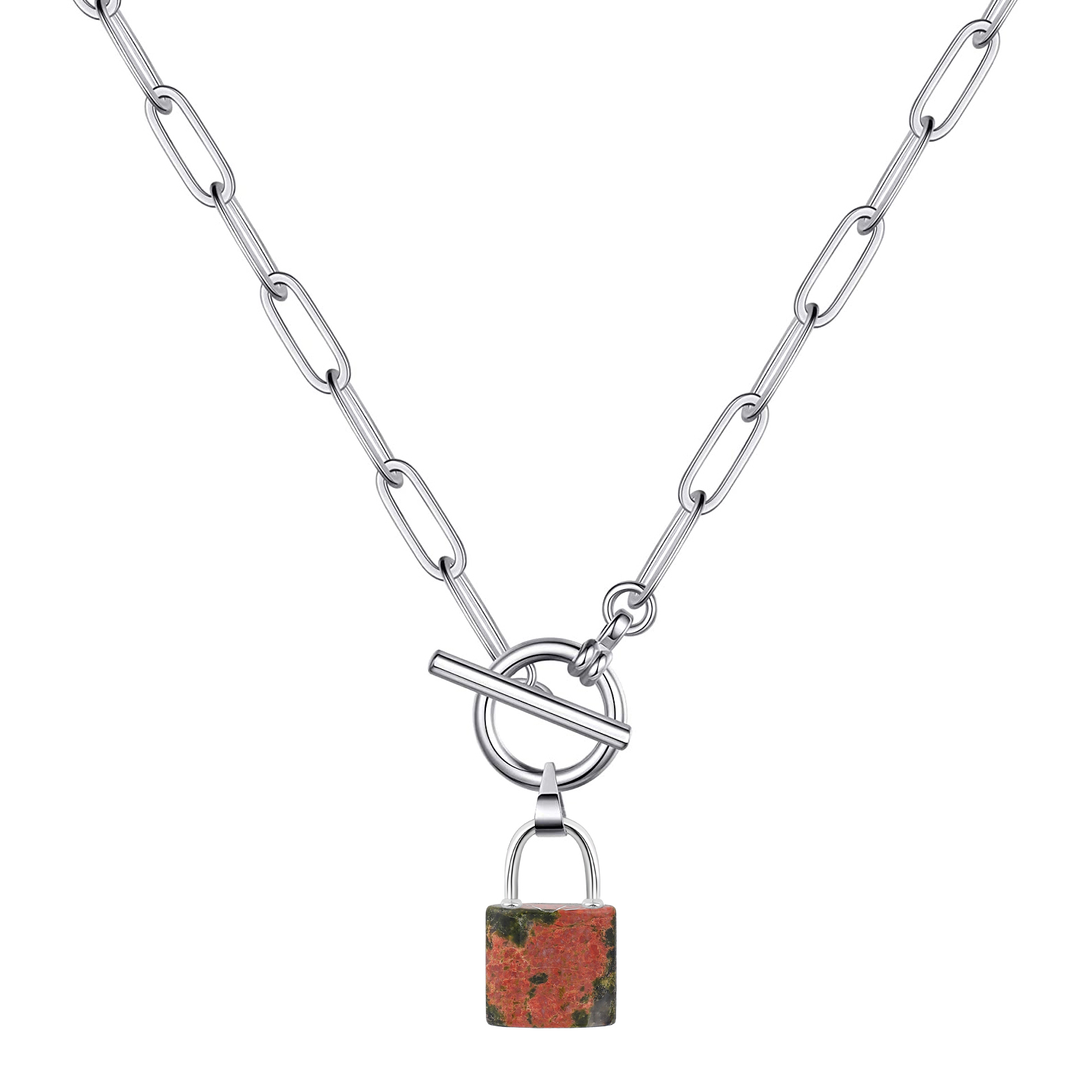 Natural Gemstone Lock Pendant Necklace with IQ Clalsp Chunky Punk Chain Choker Cuban Link  Statement Jewelry for Women and Girls