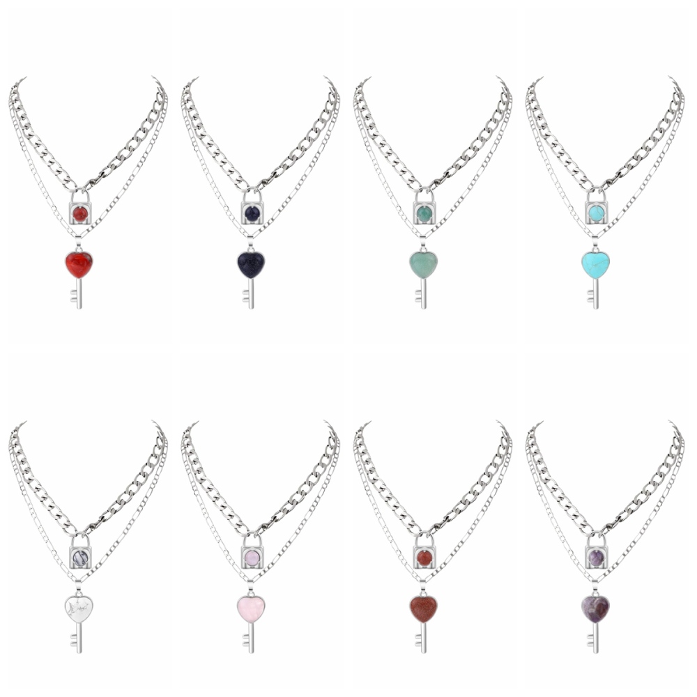 Layered Key Lock Pendant Necklace Chunky Punk Silver Chain Choker Cuban Link  Statement Jewelry for Women and Girls