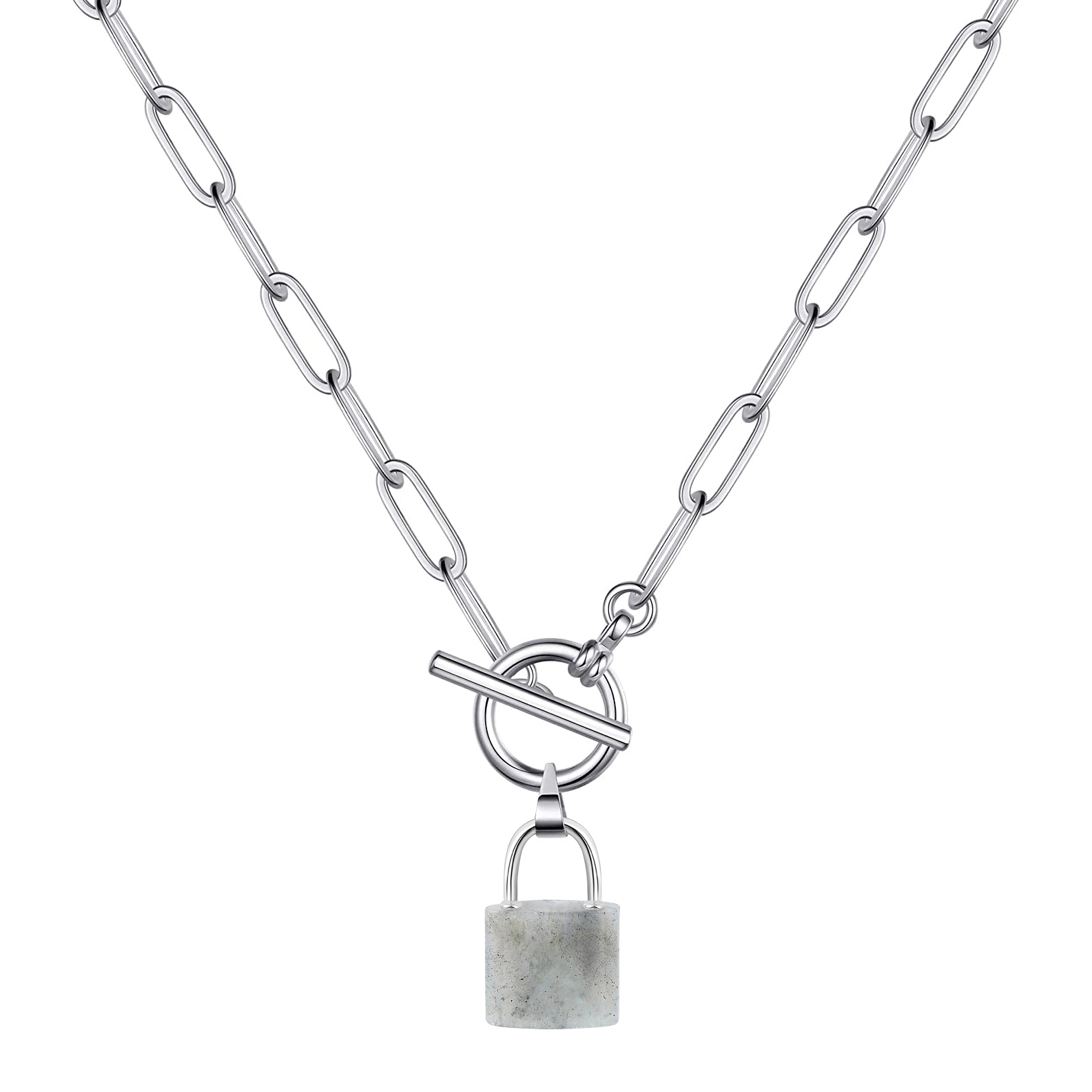Natural Gemstone Lock Pendant Necklace with IQ Clalsp Chunky Punk Chain Choker Cuban Link  Statement Jewelry for Women and Girls
