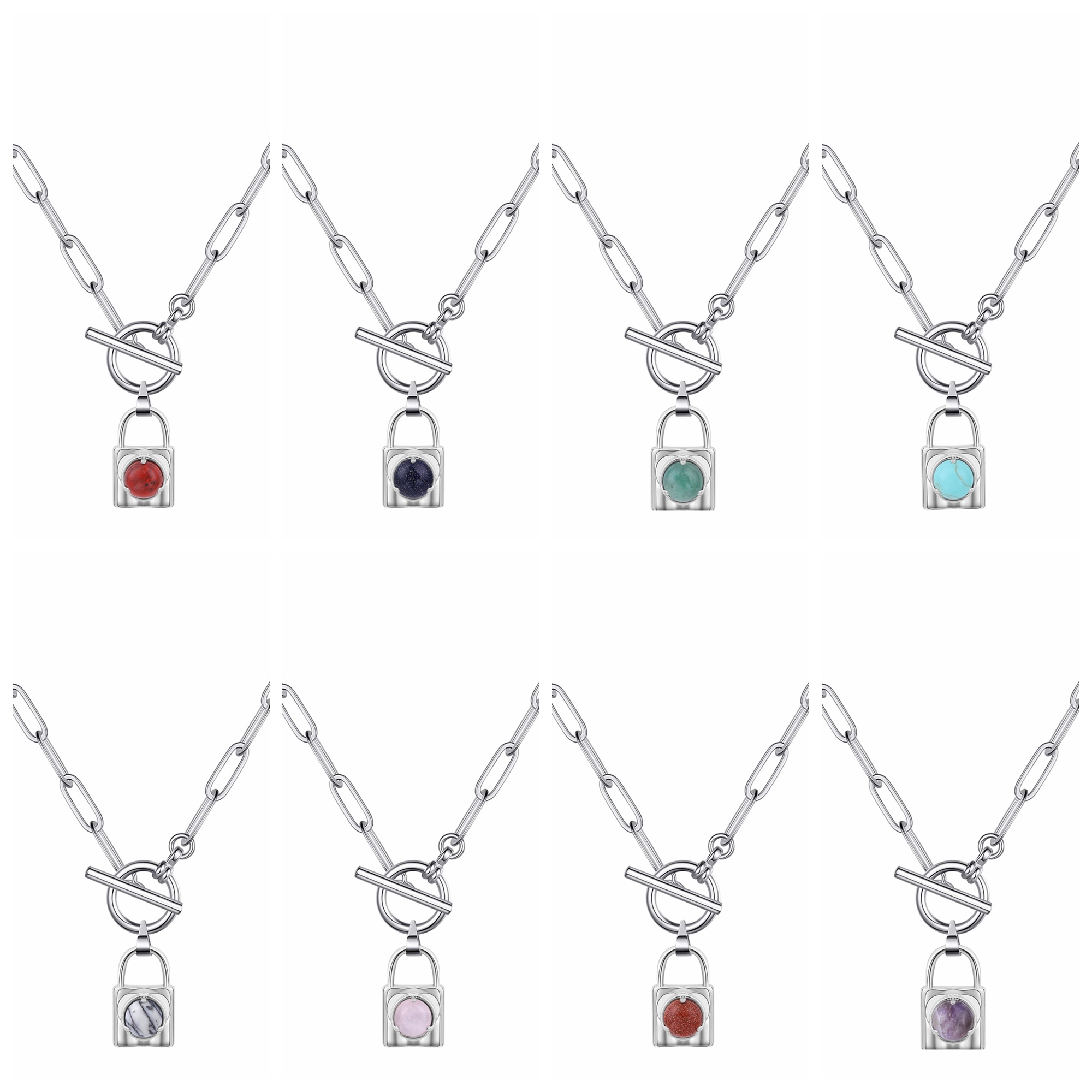 Natural Gemstone Silver Alloy Lock Pendant Necklace with IQ Clasp Chunky Punk Chain Choker Cuban Link  Statement Jewelry for Women and Girls