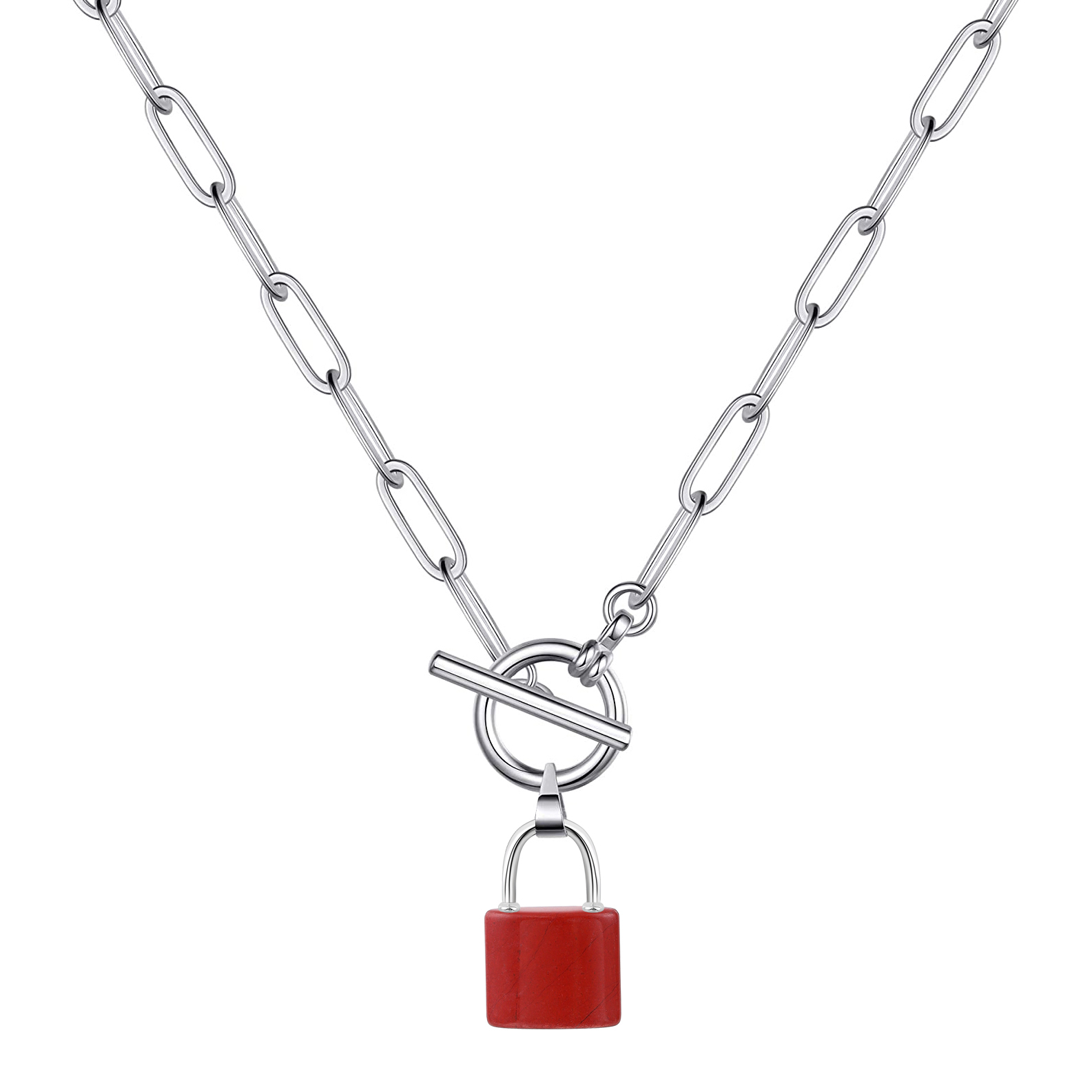 Natural Gemstone Lock Pendant Necklace with IQ Clalsp Chunky Punk Chain Choker Cuban Link  Statement Jewelry for Women and Girls