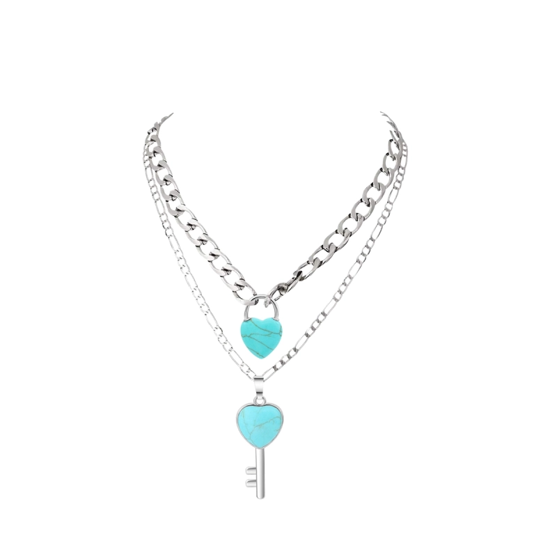 Layered Key Lock Pendant Necklace Chunky Punk Silver Chain Choker Cuban Link  Statement Jewelry for Women and Girls