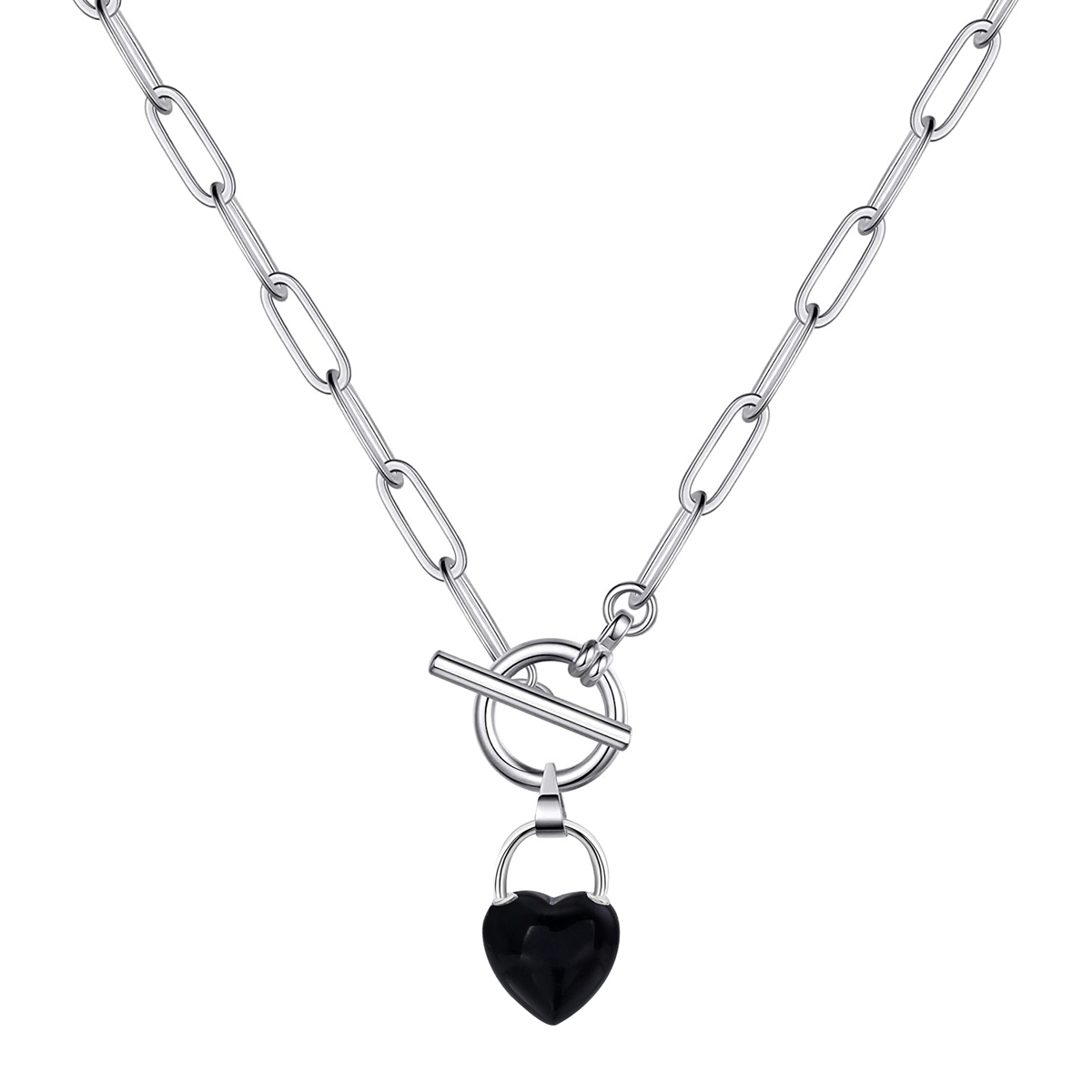 Natural Gemstone Love Heart Lock Pendant Necklace with IQ Clasp Chunky Punk Chain Choker Cuban Link  Statement Jewelry for Women and Girls