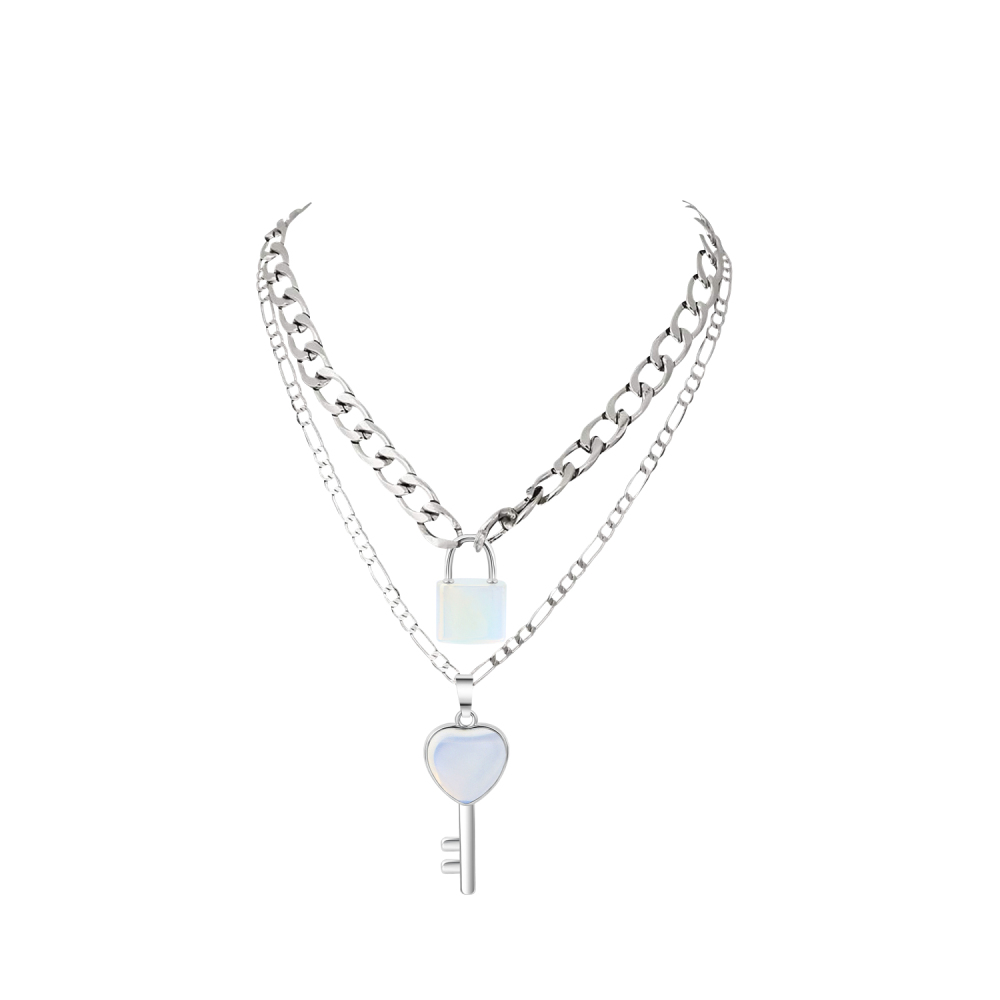 Layered Key Lock Pendant Necklace Chunky Punk Silver Chain Choker Cuban Link  Statement Jewelry for Women and Girls