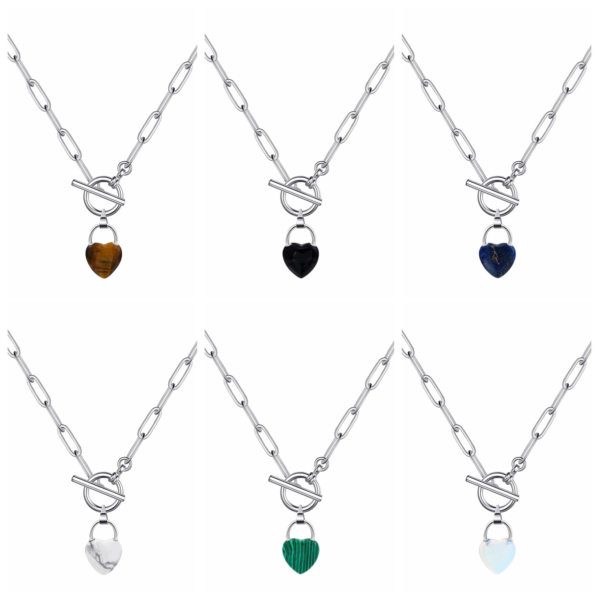Natural Gemstone Love Heart Lock Pendant Necklace with IQ Clasp Chunky Punk Chain Choker Cuban Link  Statement Jewelry for Women and Girls