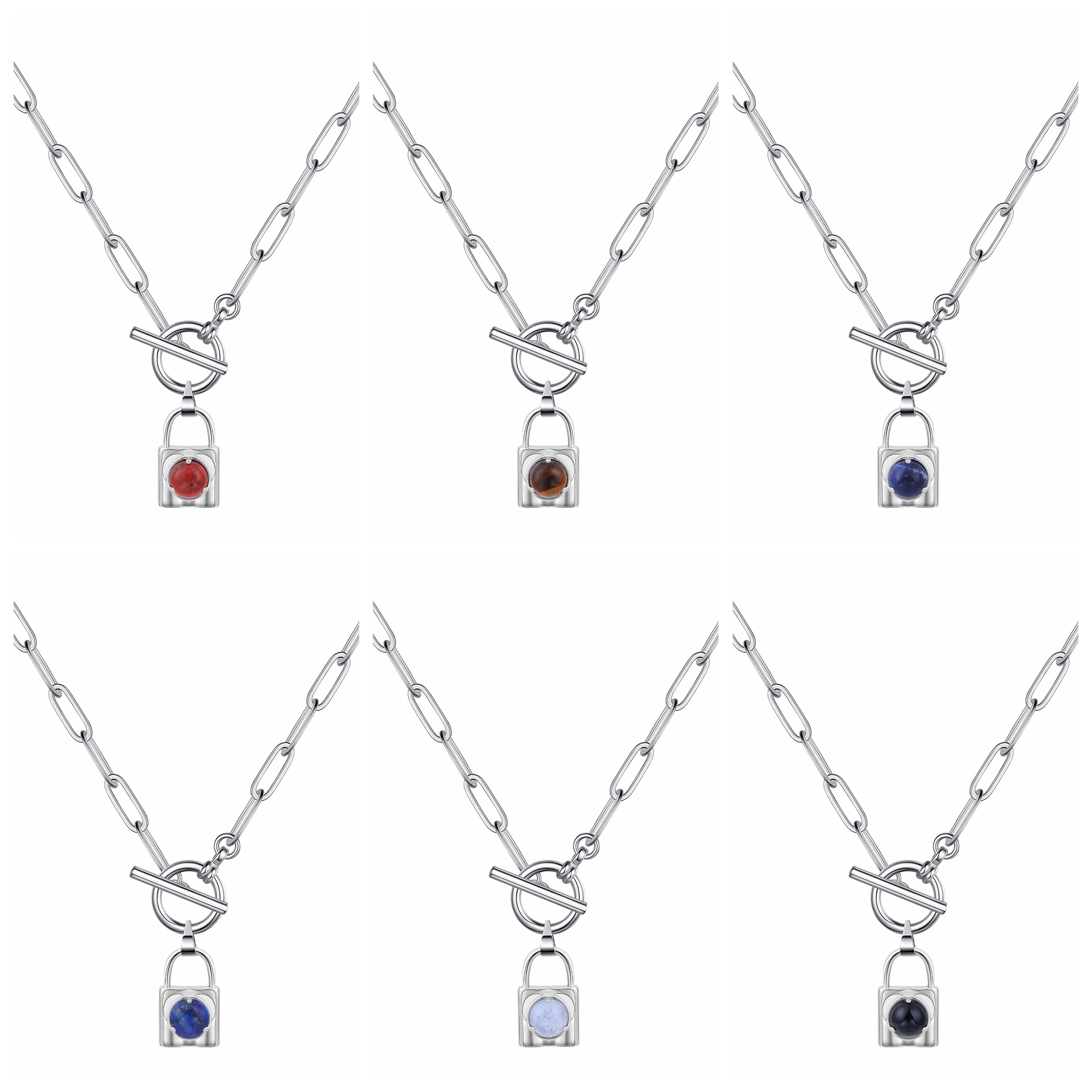 Natural Gemstone Silver Alloy Lock Pendant Necklace with IQ Clasp Chunky Punk Chain Choker Cuban Link  Statement Jewelry for Women and Girls